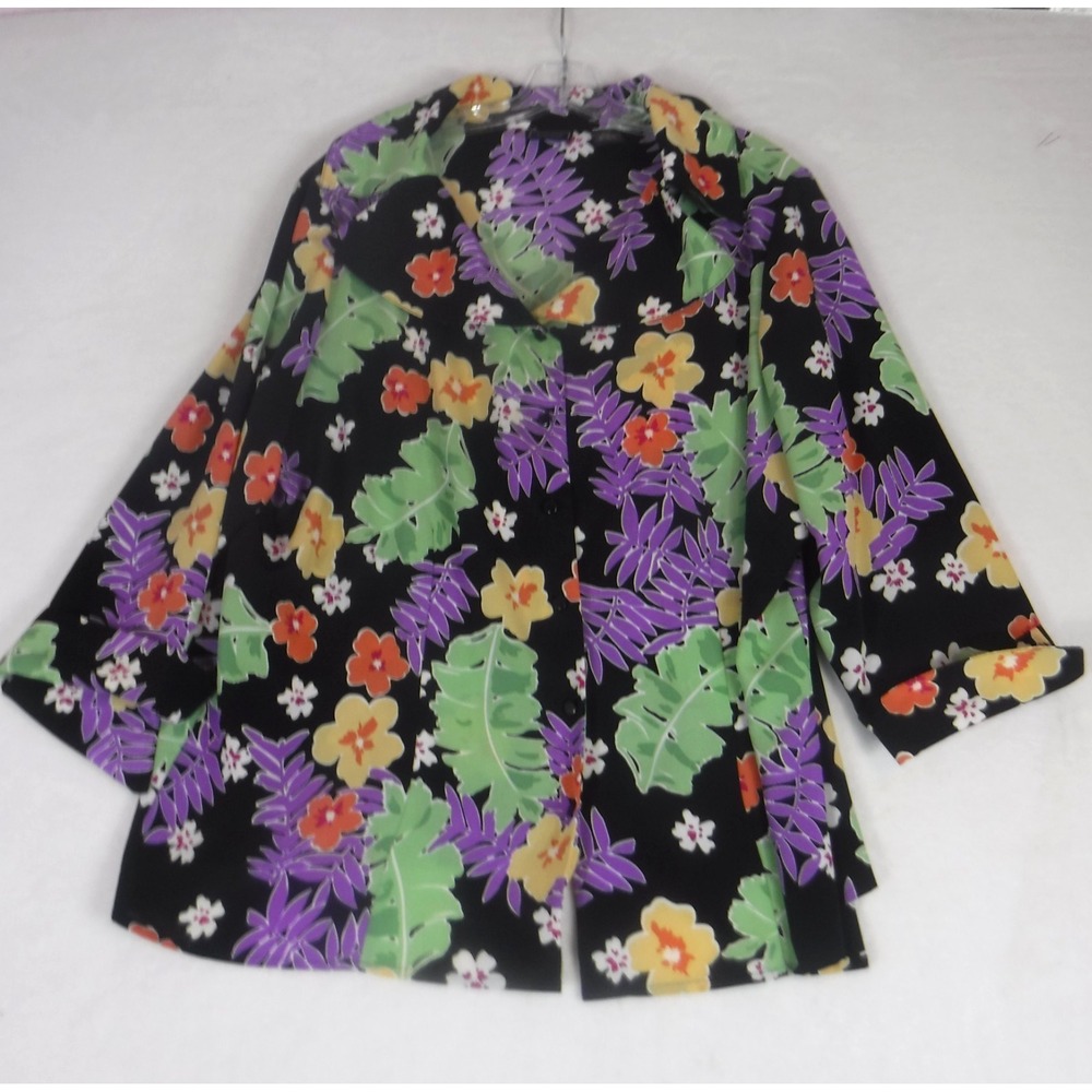 Laura Scott Shirt Women‎ 20W Black Floral Button Up Collared 3/4 Sleeve Casual